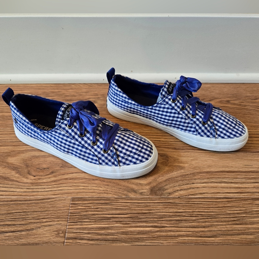 Sperry Blue Gingham Shoes With Satin Ribbon Laces